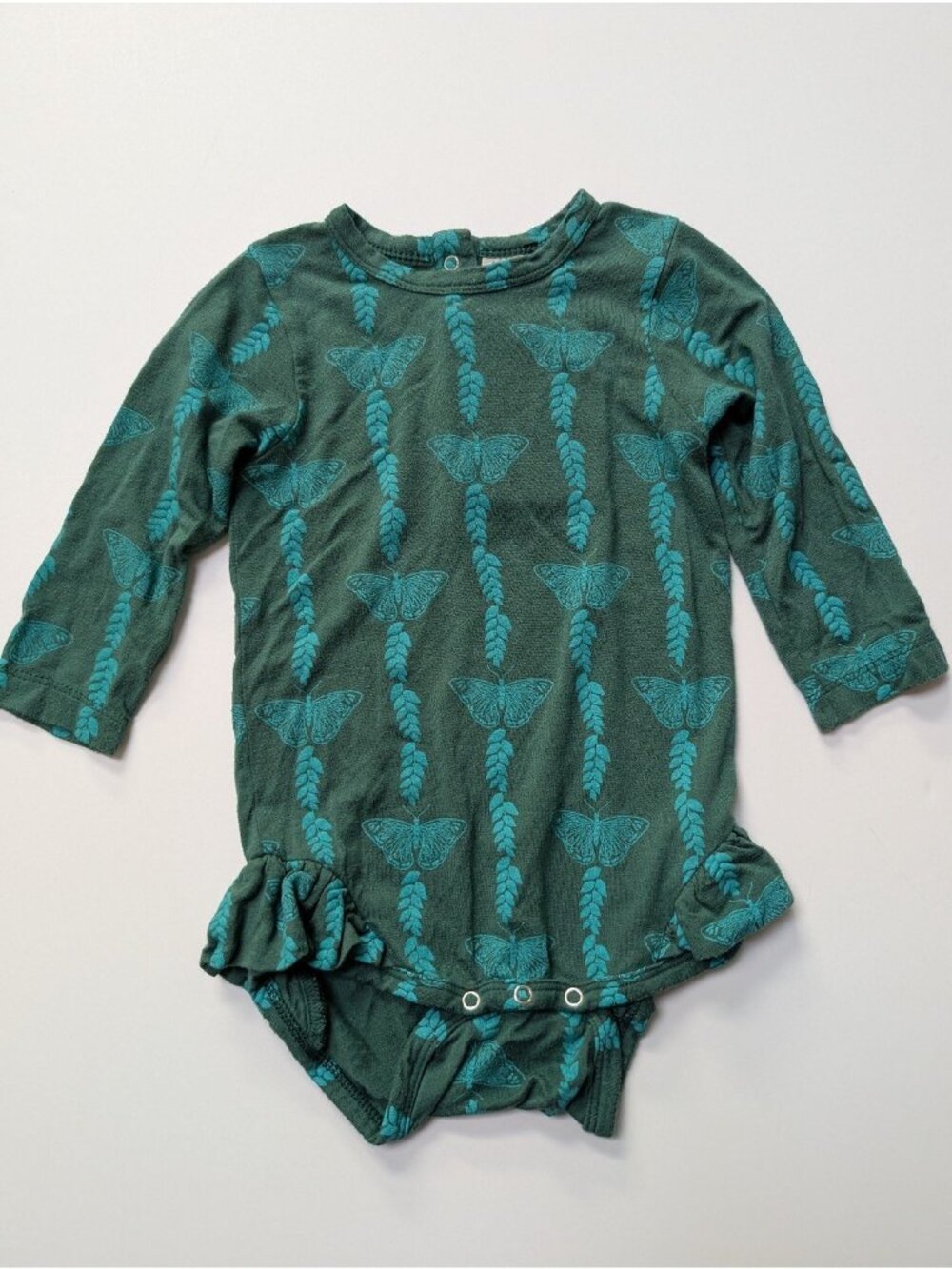 Kate Quinn Bamboo Green Butterfly Vine Ruffle Leg Bodysuit Butterflies
